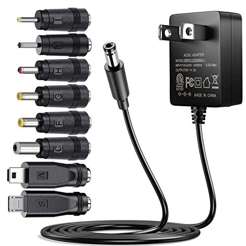 SoulBay 5V 2A Power Supply Adapter 10W AC100-240V to DC 5 Volt 2Amp Versatile Charger Cord with 8 Plugs for USB Hub TV Box Tablet Camera Speaker GPS Webcam Router and More 5vdc Electronics, 5FT