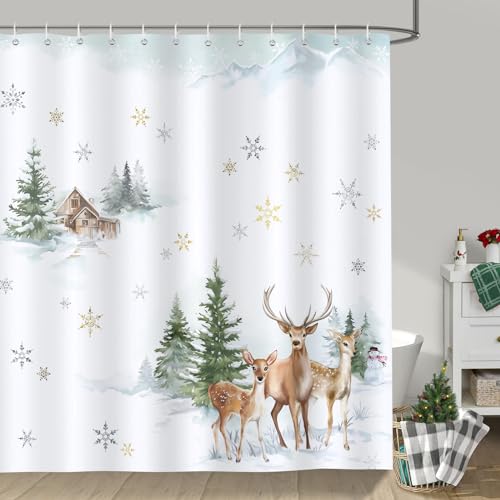 Bonhause Winter Forest Shower Curtain Pine Tree Deer Snowflake Christmas Holiday Decorative Bath Curtain 72 x 72 Inch Polyester Fabric Waterproof Bathroom Curtain with 12 Hooks