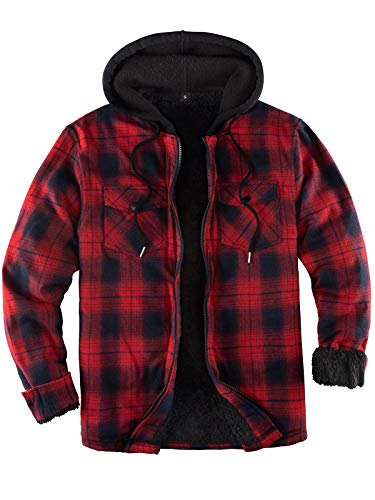 ZENTHACE Men's Sherpa Lined Full Zip Hooded Plaid Shirt Jacket Red/Grey L