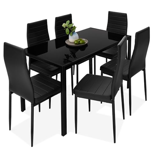 Best Choice Products 7-Piece Glass Dining Set, Modern Kitchen Table Furniture for Dining Room, Dinette, Compact Space-Saving w/Glass Tabletop, 6 Upholstered PU Chairs, Metal Steel Frame - Black