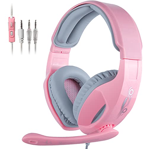 SADES Pink Gaming Headset for PS4, Xbox One, Cute Stereo Gaming Headset with Microphone, 3.5mm Over Ear Headphones Retractable and Flexible Mic & Noise Cancelling for Laptop Nintendo Switch