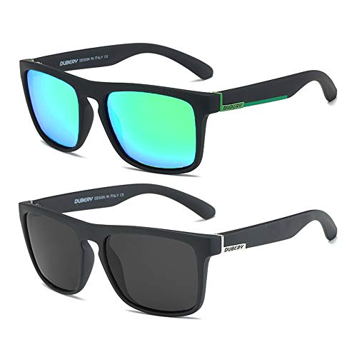 DUBERY Classic Polarized Sunglasses for Men Women Retro 100% UV Protection Driving Sun Glasses D731,2 Pack (Black/Green+Black/Black)