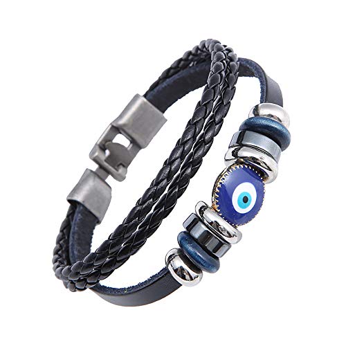 Punk Turkish Blue Evil Eye Necklace Bracelet Wristband Layer Weave Leather Maple Leaf Bangle Ethnic Jewelry for Women Men (Eye)