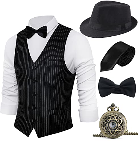 BABEYOND 1920s Mens Gangster Vest Costume Accessories Set Fedora Hat