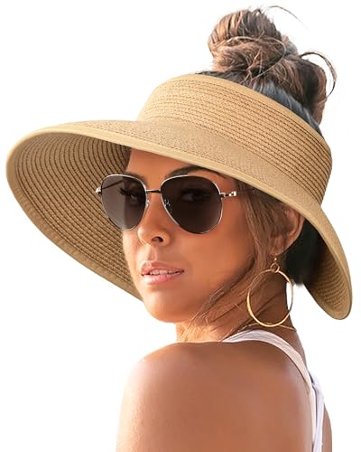 FURTALK Sun Visor Hats for Women Wide Brim Straw Roll-Up Ponytail Summer Beach Hat UV UPF Packable Foldable Travel Khaki