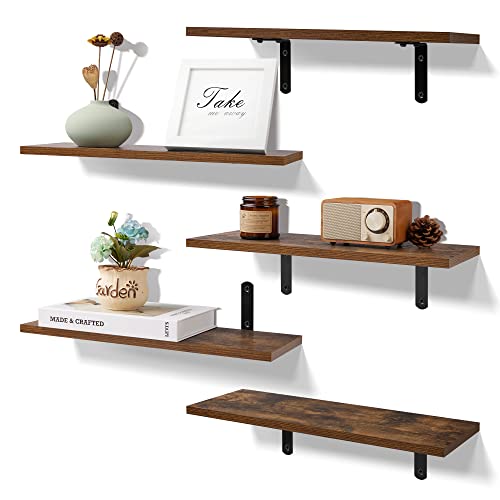 upsimples Floating Shelves for Wall Decor Storage, Dark Brown Wall Mounted Shelves Set of 5, Sturdy Small Wood Shelves Hanging for Bedroom, Living Room, Bathroom, Kitchen, Corner, Book