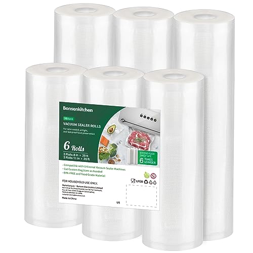 Bonsenkitchen Vacuum Sealer Rolls Bags, 6 Pack 11' x 20' 3 Rolls +8' x 20' 3 Rolls Storage Bags, BPA Free, Durable Commercial Customized Size Food Bags for Food Storage and Sous Vide Cooking VB3211