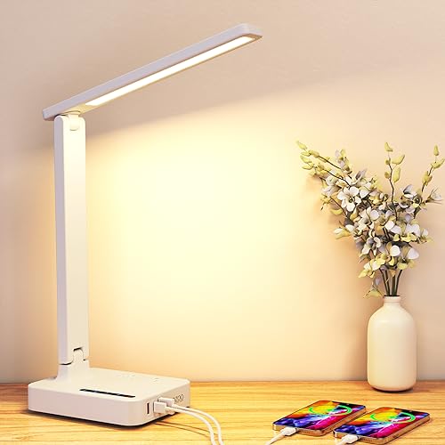 Desk Lamps for Home Office,Modern LED Desk Lamp for Dorm with 3 USB Charging Port 2 AC Power Outlets,9 Lighting Mode,Touch/Timer/Eye-Caring Foldable Study Table Lamp,College Dorm Essentials Desk Light