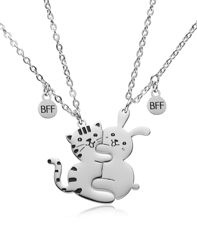 HOFOYA Best Friend Necklace Gifts Set 2 Cute Cartoon Kitty and Rabbit Magnetic Matching Friendship Necklace for 2 Girls BFF Sister.