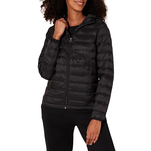 Amazon Essentials Women's Lightweight Long-Sleeve Full-Zip Water-Resistant Packable Hooded Puffer Jacket, Black, Medium