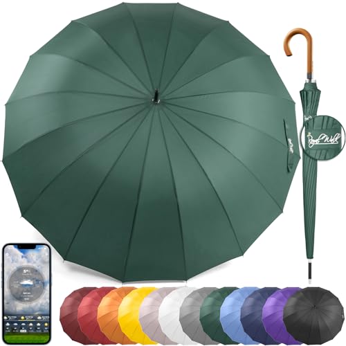 Royal Walk Large Windproof Umbrella for 2 People, 54 Inch, Dark Green, Auto Open, Wooden Handle, 16 Ribs, Travel Size