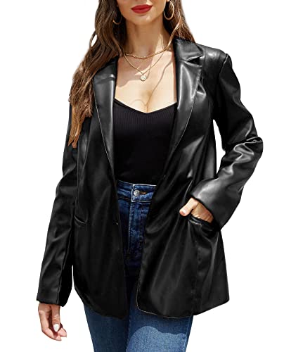 RISISSIDA Women Faux Leather Blazer Jacket Vegan Pleather Coat Black 21002 L