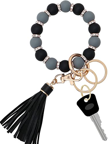 Munchewy Silicone Key Ring Bracelet for Women, Elastic Beaded Wristlet Keychain Key Holder for Women’s Day Gift(Grey/Black)