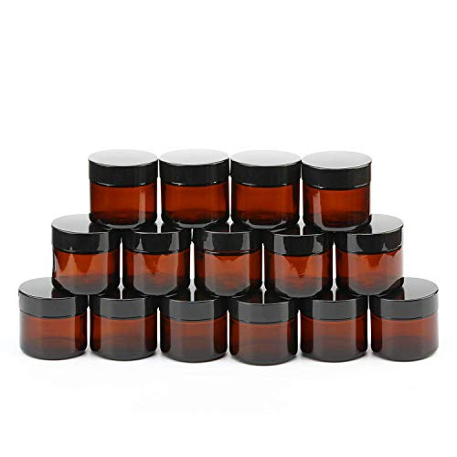 Encheng 15 Pack of 2 oz Amber Round Glass Jars,with Inner Liners and black Lids,Empty Cosmetic Containers,Cream jars