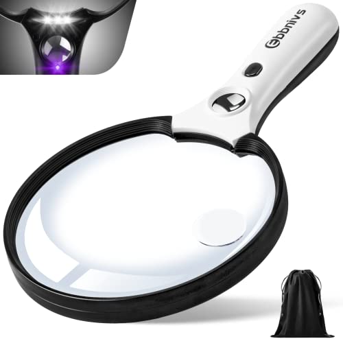 Large Magnifying Glass with Light, Magnifier 10X 20X 45X Handheld Illuminated Lighted Magnifier with 3 LED Lights 1UV Light Storage Bag Clean Cloth for Seniors Reading Inspection (Black)