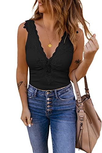 Bigeoosh Womens Lace Patchwork Sexy Deep V Neck Knitted Vests Summer Camis Tank Tops Black