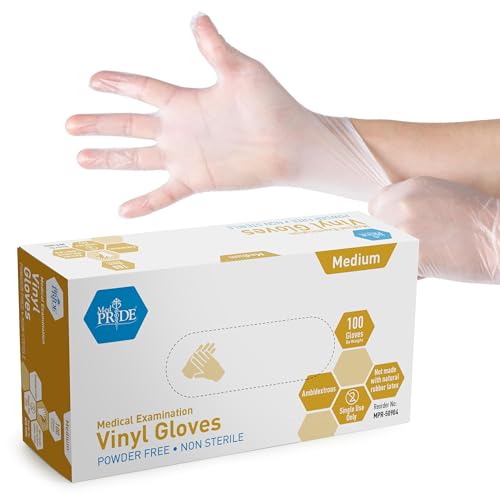 MED PRIDE Medical Vinyl Examination Gloves (Medium, 100-Count) Latex & Rubber Free, Ultra-Strong, Clear Disposable Powder-Free Gloves for Healthcare & Food Handling Use