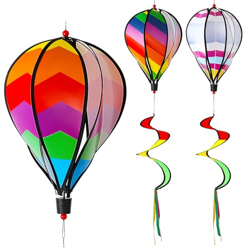 5 Pcs Hot Air Balloon Wind Spinners Rainbow Spinner Wind Chime Garden Windmill Spinner Kinetic Hanging Decor for Lawn Yard (Strip Style)