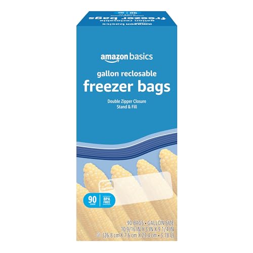 Amazon Basics Freezer Gallon Bags, Stand & Fill Base, 90 Count