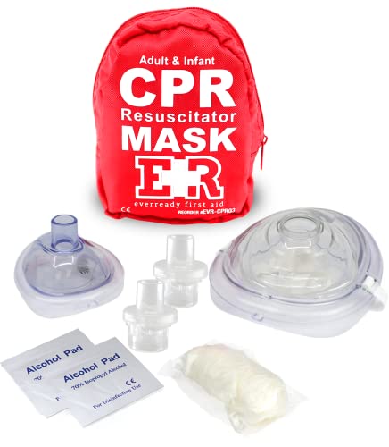 Ever Ready First Aid Adult and Infant CPR Mask Combo Kit with 2 Valves with Pair of Vinyl Gloves & 2 Alcohol Prep Pads - Red