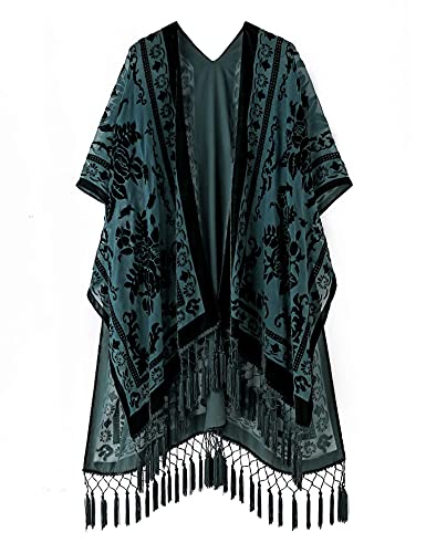 WeHello Women's Burnout Velvet Kimono Long Cardigan Cover Up with Tassel Dark Green