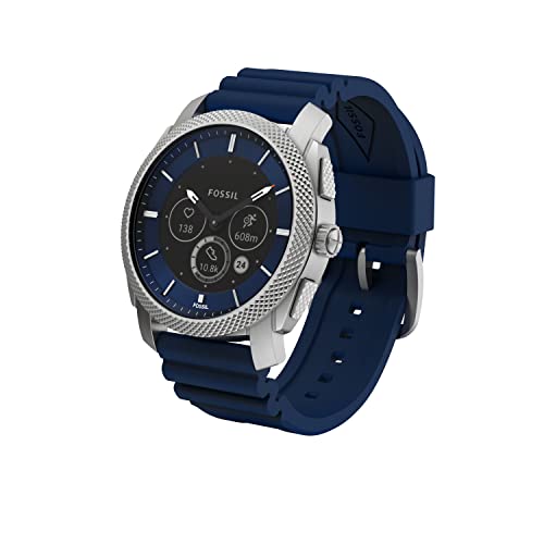 Fossil Men's Machine Gen 6 Hybrid 45mm Stainless Steel and Silicone Smart Watch, Color: Silver, Navy (Model: FTW7085)
