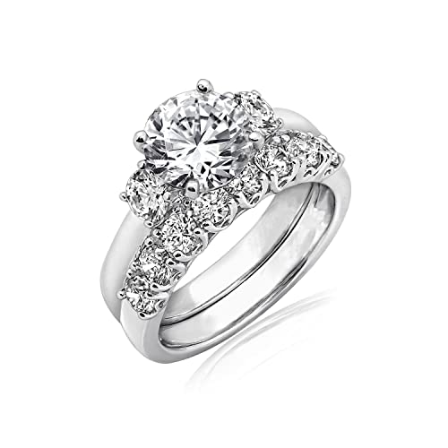 Amazon Essentials Sterling Silver Platinum Plated Infinite Elements Cubic Zirconia Three Stone Ring, Size 7 (previously Amazon Collection)