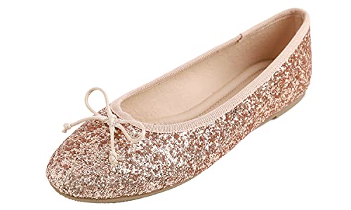FEVERSOLE Women's Sparkle Memory Foam Cushioned Colorful Shiny Ballet Flats Glitter Rose Gold Size 8.5 M US
