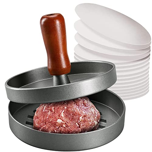 PIQUEBAR Burger Press Patty Maker Stainless Steel Hamburger Patty Press Mold Wood Handle Non-Stick with 100 Patty Papers