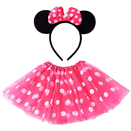 Cumwoen Polka Dots Tutu with Mouse Ears Headband Girls Halloween Costume Birthday Dress Up Accessories Hot Pink for Minnie