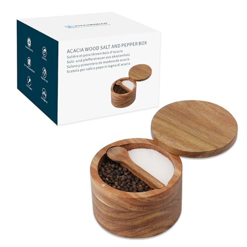 KITCHENDAO Acacia Wood Salt and Pepper Bowl Box,Built-in Spoon,Two Compartments Spice Seasoning Container,Sea Salt Cellar Holder,Magnetic Swivel Lid,Dual 5oz Capacity