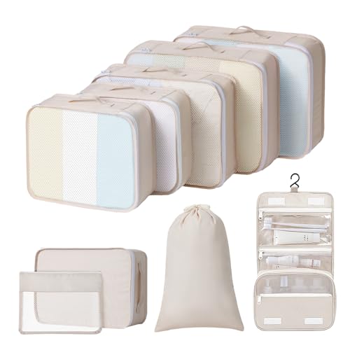Easortm Packing Cubes for Travel - 9 Set Packing Cubes for Suitcase Large Travel Cubes Luggage Organizer Bags Set With Travel Laundry Bags/Shoe Bag/Toiletry Bag (Beige)