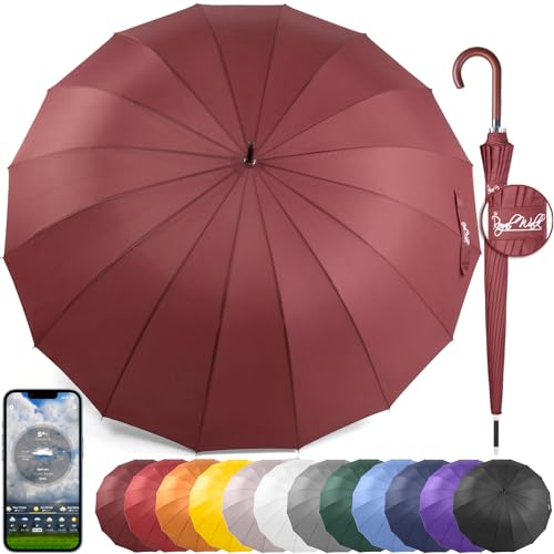 Royal Walk Large Windproof Umbrella for 2 People, 54 Inch, Dark Red, Aluminum Frame, 16 Ribs, Wooden Handle, Auto Open, Carry Sleeve, 2 Years Replacement Guarantee