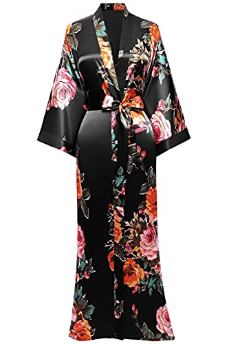 BABEYOND Kimono Robe Long Floral Bridesmaid Wedding Bachelorette Party Robe 53 Inches (Black)