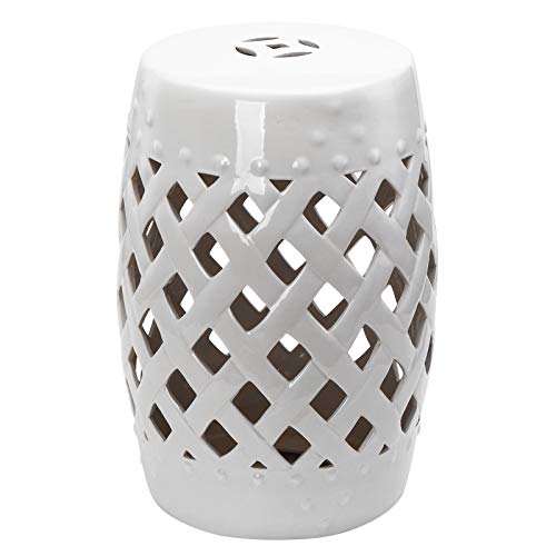 Outsunny 13' x 18' Ceramic Garden Stool with Woven Lattice Design & Glazed Strong Materials Decorative End Table, White