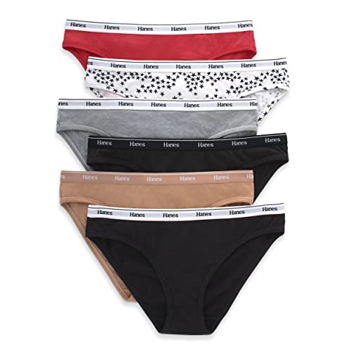 Hanes Women's Originals Bikini Panties, Breathable Stretch Cotton Underwear, Assorted, 6-Pack, Basic Color Mix, Medium