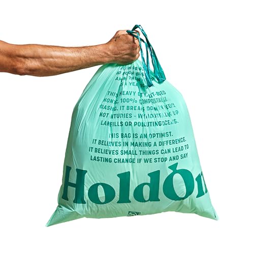 HoldOn 13-Gallon Trash Bags – Plant-based Tall Kitchen Trash Bags with Drawstring Handles for Tall Trash Bins, Heavy-duty and Compostable Large Trash Bags (40 bags)