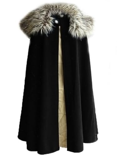 MSOrient Mens Medieval Viking Cloak Fur Cape Cosplay Costume Renaissance King With Fur Cloak Halloween Costume (XXXL, Black)