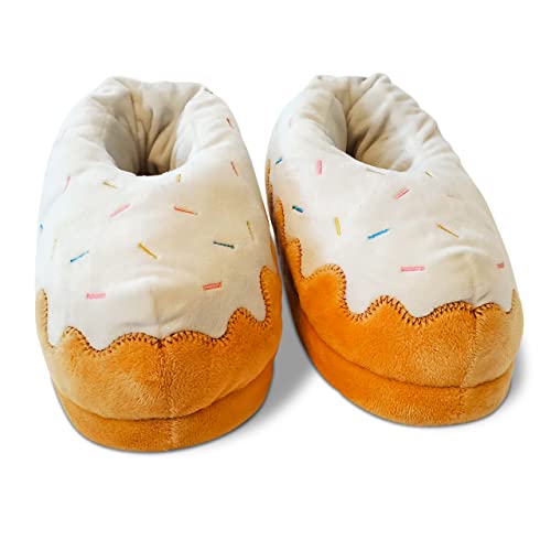 SNUGLN - Donut Plush Slipper - Novelty Plush Food Slippers with Cushioned Foot Bed Men Women & Kids White Large Women/Large Men