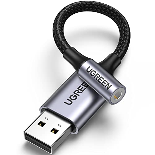 UGREEN USB to 3.5mm Jack Audio Adapter USB Sound Card Support Mic TRRS Headphone DAC 24bit 96kHz Nylon Braided USB to Aux Jack Compatible with Windows Mac Linux PC PS5 PS4 Switch Speaker, 9.8 Inch