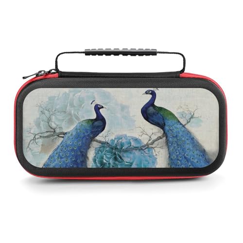 AoHanan Switch Carrying Case Blue Peacock on Branch Switch Game Case with 20 Games Cartridges Hard Shell Travel Protection Storage Case for Console & Accessories