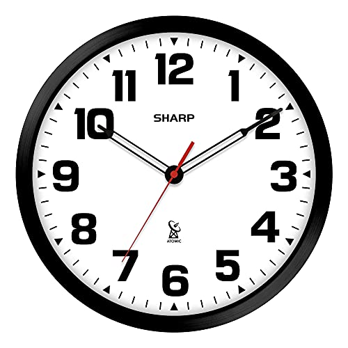 Sharp Atomic Analog Wall Clock - 12' Black Stylish Frame - Sets Automatically- Battery Operated - Easy to Read - Easy to Use – Modern Design and Style