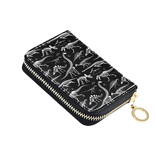 AHOMY Black and White Dinosaurs Skeleton Wallet RFID Leather Credit Card Holder Hard Case for Men & Women