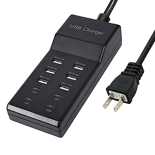 Wyssay USB Charger,5V 10A(50W) USB Charging Station with 10-Port (6 USB-A Port & 4 USB-C Port) Compatible with iPhone 15/14/13/12/11/X/8/7/6 Phones, Watch,Tablets, Smartphones Black