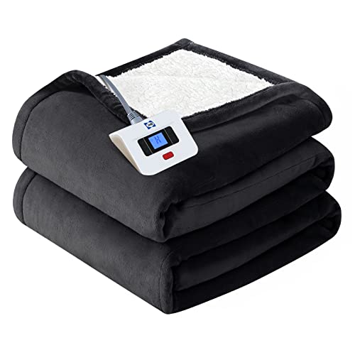 SEALY Heated Electric Blanket Full Size, Flannel & Sherpa Heating Blanket with with 10 Heating Levels & 1-12 Hours Auto Shut Off, Fast Heating Blanket, Machine Washable, Grey, 80 x 84 Inch