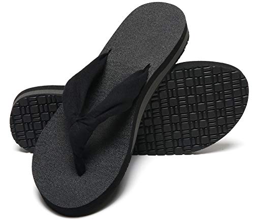 MAIITRIP Womens Flip Flops Walking Orthotic All Black Thong Sandals Ladies Comfy Stylish Yoga Mat Spa Footbed flipflops Soft With Cushion Arch Support Cloth Stap Indoor Size 7
