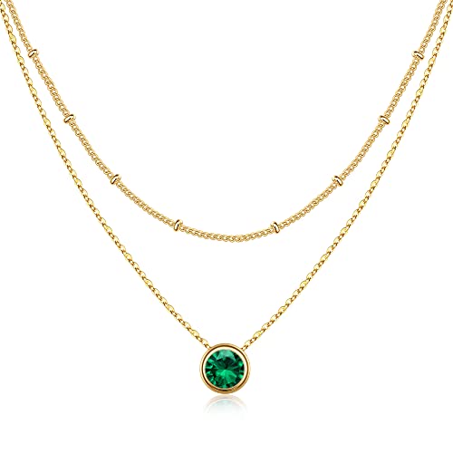 MONOOC St Patricks Day, Birthstone Necklace for Women Emerald Necklace Layered Gold Necklaces for Women Birthstone Necklace Emerald Jewelry for Teen Girl Gifts Green St Patricks Day Necklace