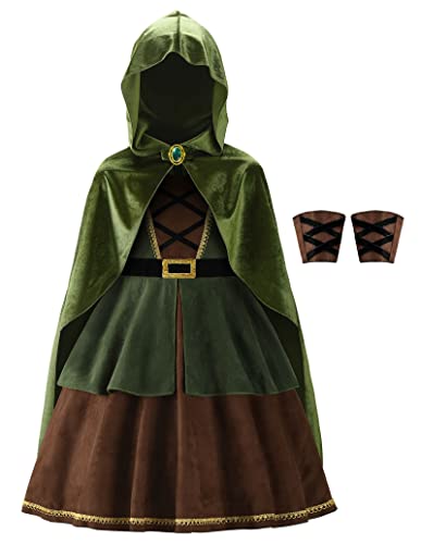 ReliBeauty Archer Costume Girls Huntress Costume for Girls with Cape,Green 8/140