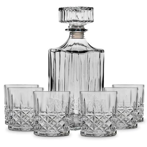 Fifth Avenue Highland Whiskey Decanter and Glass Set | 7-Piece Set for Liquor, Scotch, Wine and Bourbon | Beverage Dispenser | 6 Matching Glass Tumblers | Elegant Liquor Carafe with Stopper