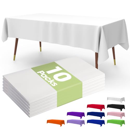 Pureegg Premium Disposable Table Cloth - 10 Pack, 54 x 108 Inch Table Cloths for Parties, Decorative Tablecloths for Rectangle Tables, White Plastic Table Cover, Leakproof & Sturdy, White
